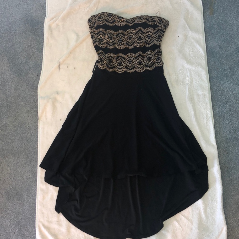 Strapless Embroidered Black Dress High-Low